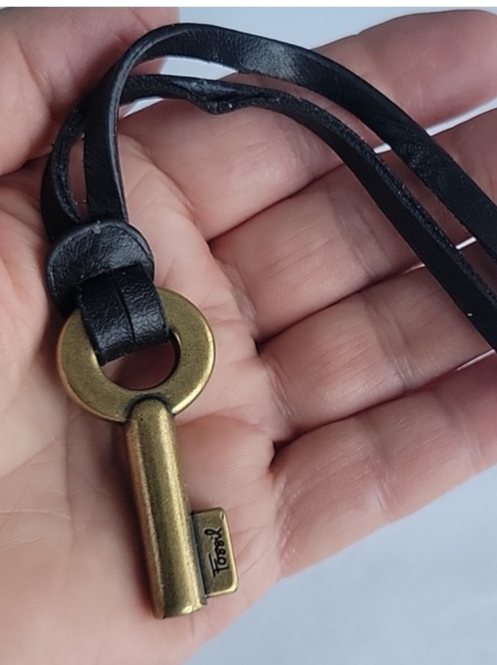 Fossil Brass Key Pendant with Black Leather Cord